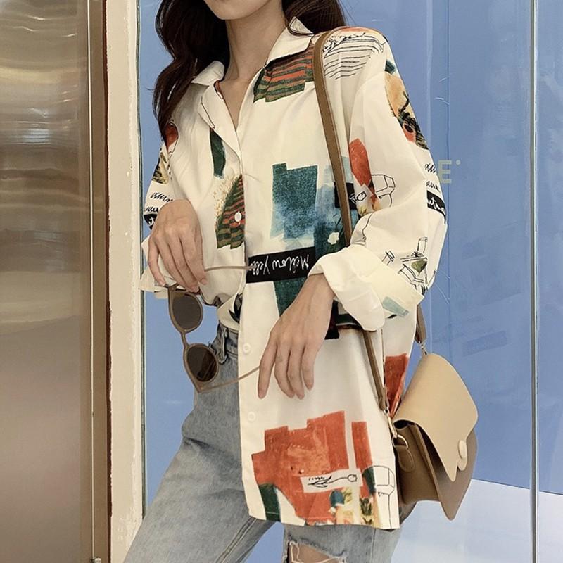 Áo sơ mi dài tay form rộng in họa tiết hoạt hình phong cách vintage thời trang