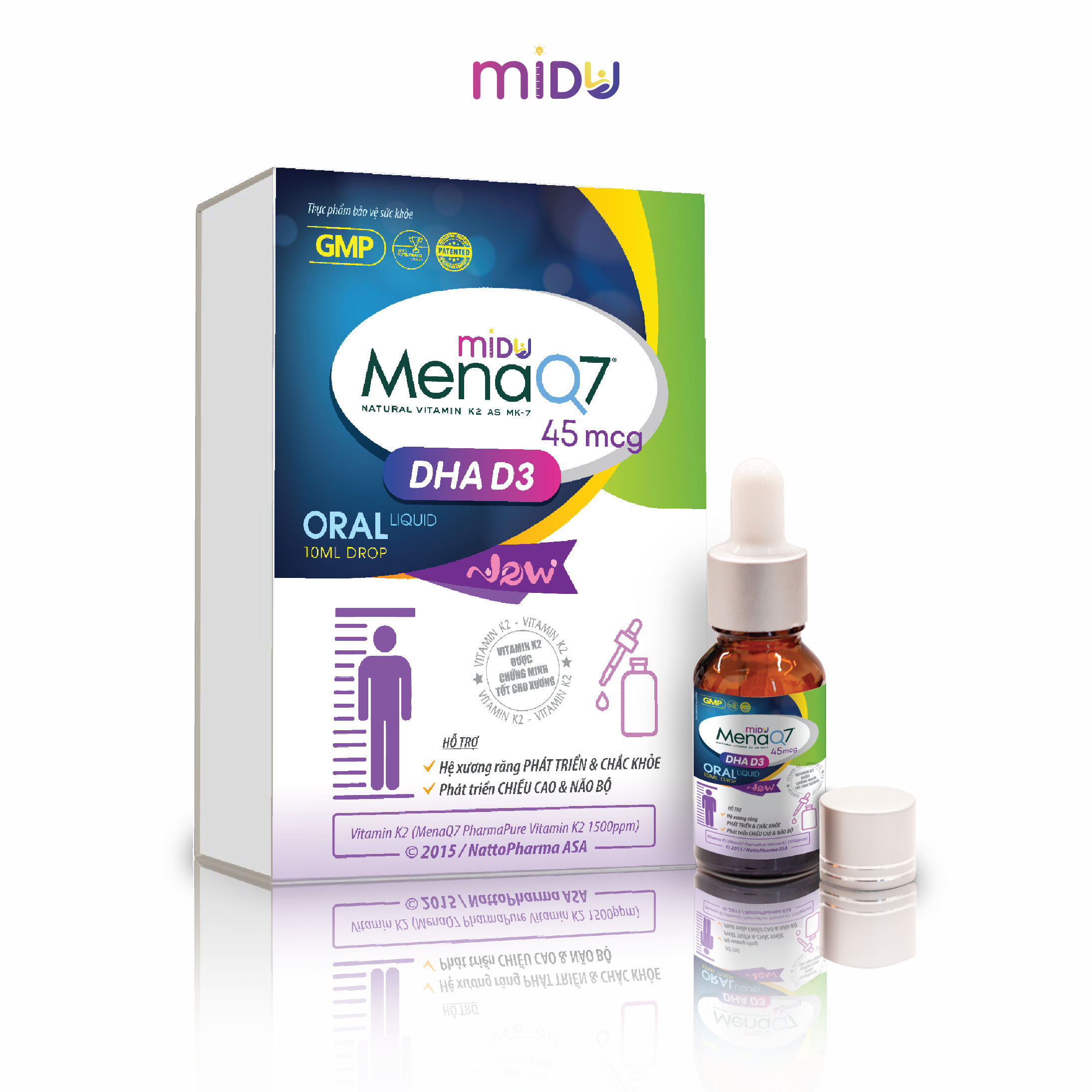MIDU MENAQ7 DHA D3, hỗ trợ phát triển chiều cao, thị lực và não bộ, hỗ trợ phòng còi xương ở trẻ