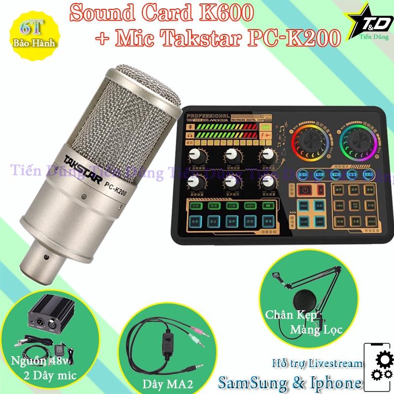 Bộ Mic thu âm Takstar PC K200 sound card k600 có autu tune và bluetooth nguồn 48v 2 dây livestream MA2 chân kẹp màng lọc