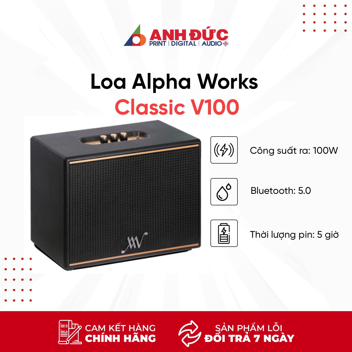 (Xả Kho) Loa Bluetooth Alpha Works Classic V100 (Pin 5h, công suất 100W) - Công Suất 100W - Hàng Chính Hãng