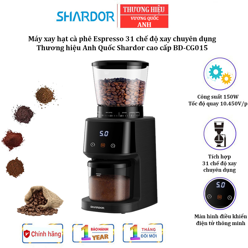 Máy xay hạt cà phê Espresso cao cấp Shardor BD-CG015 có Bảng điều khiển kỹ thuật số, Tích hợp 31 chế độ xay hạt cà phê - HÀNG NHẬP KHẨU
