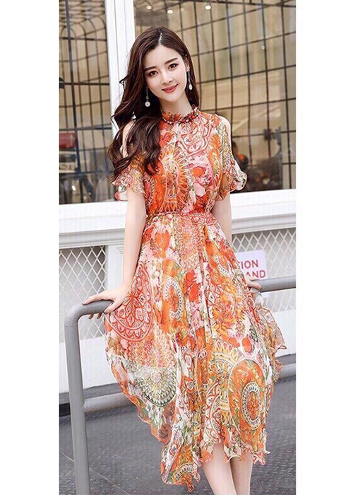 Đầm Nữ Hở Vai Thun Eo Họa Tiết Thanh Lịch