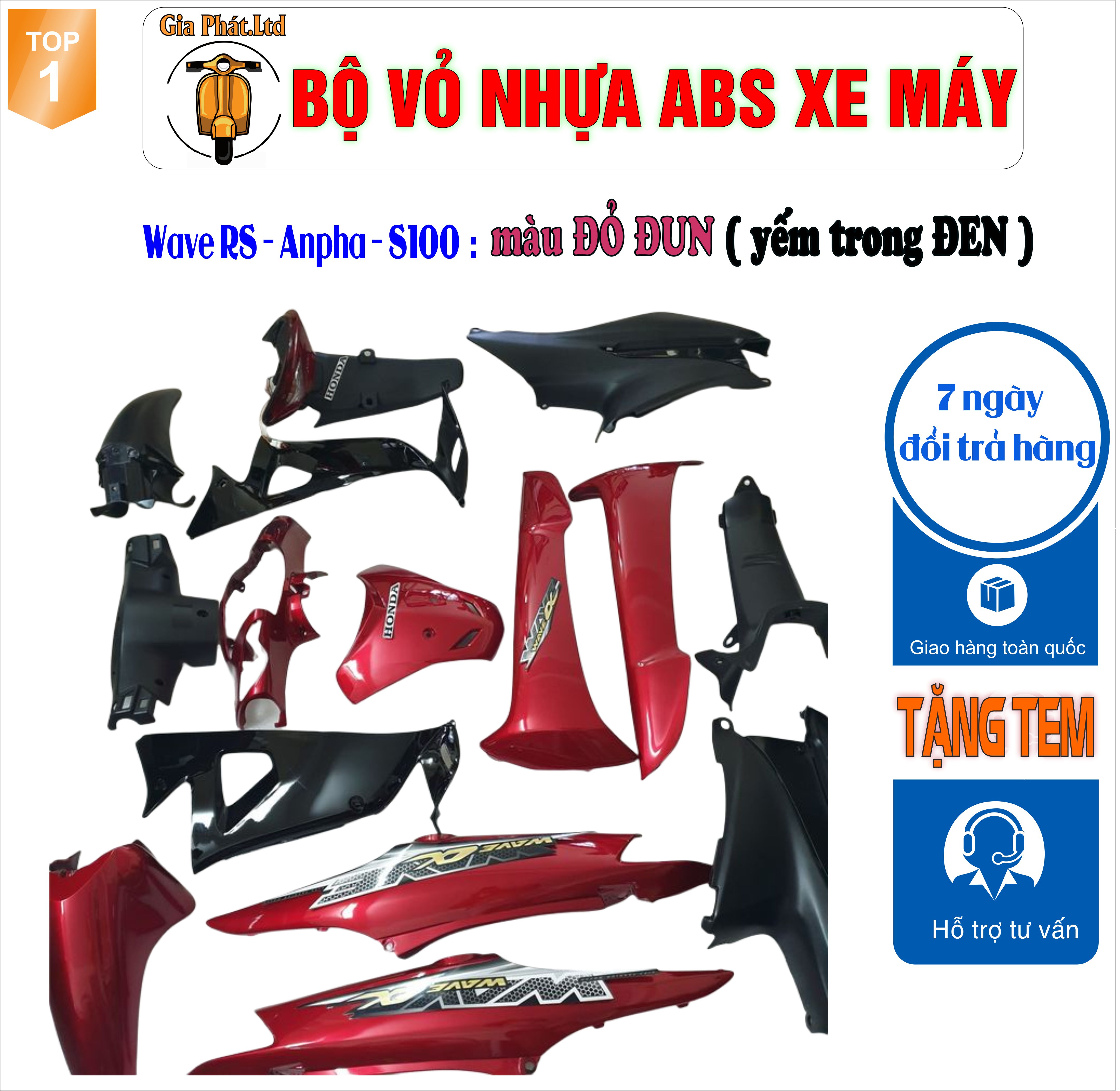 [TẶNG TEM ] Dàn áo xe Wave RS - wave alpha - wave s100, nhựa ABS nguyên sinh màu ĐỎ ĐUN yếm trong ĐEN_TKB_2956(5861)