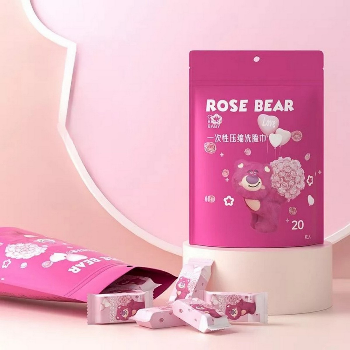 Túi 20 Viên Khăn Nén Rose Bear Hoạ Tiết Gấu Dâu Dễ Thương Tiện Lợi Khi Đi Du Lịch