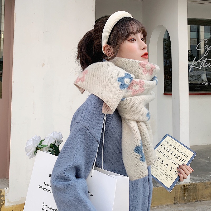 Khăn len quàng cổ mùa đông cao cấp khăn len dệt kim dày, mềm, ấm họa tiết hoa trẻ trung xinh xắn size 190*35cm - Mã LE19
