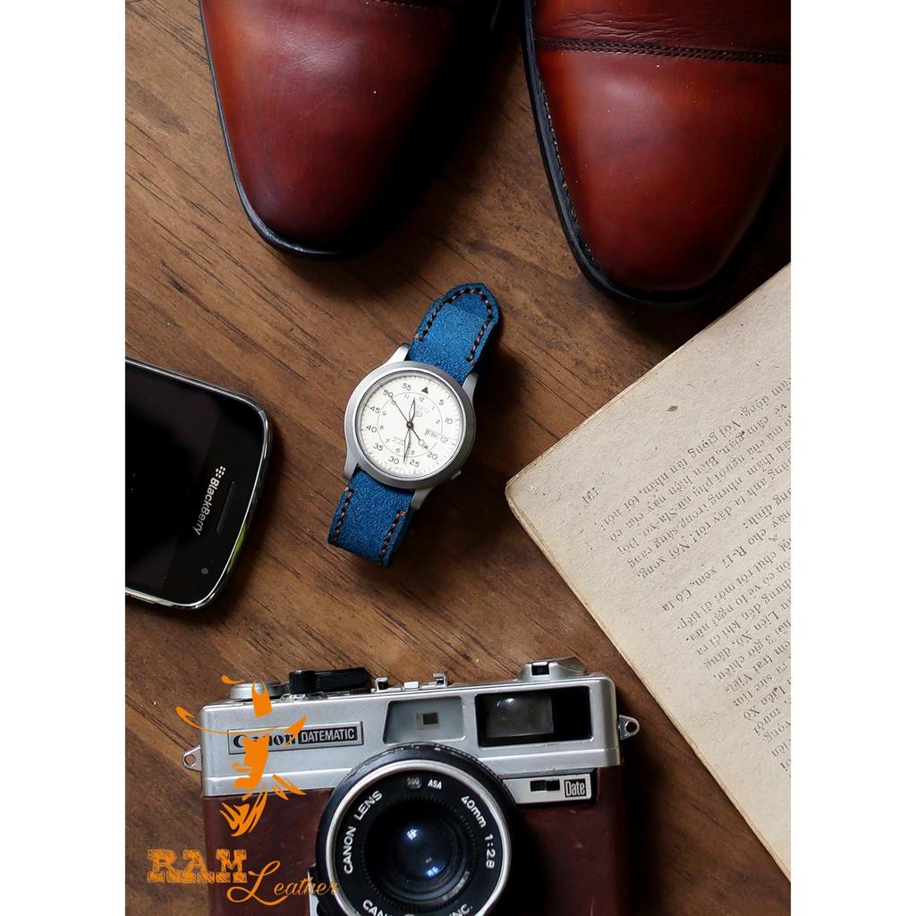 Dây đồng hồ da bò thật RAM Leather classic 1963 xanh blue coban handmade