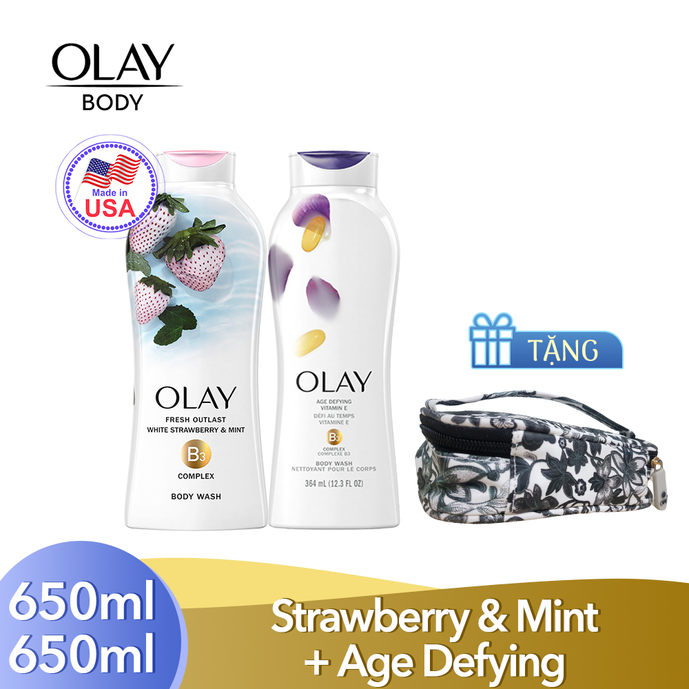 Bộ 2 Sữa Tắm Olay Body wash Strawberry &amp; Mint 650 ml + Olay Body wash Age Defying 650 ml [Tặng kèm túi đựng mỹ phẩm]