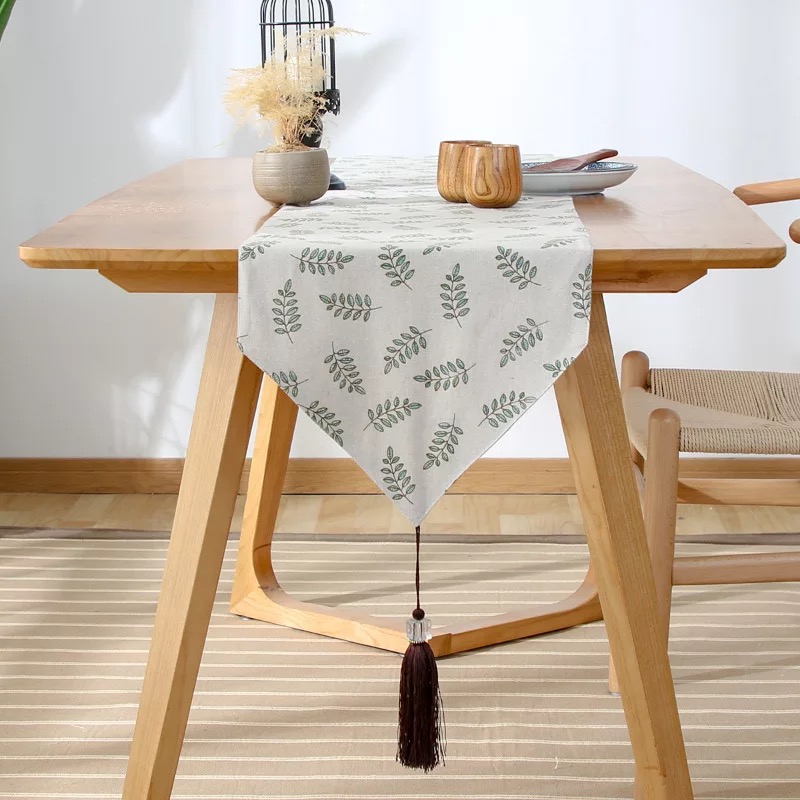 Khăn trải bàn table runner vải bố - Họa tiết Lá xanh - mẫu B04