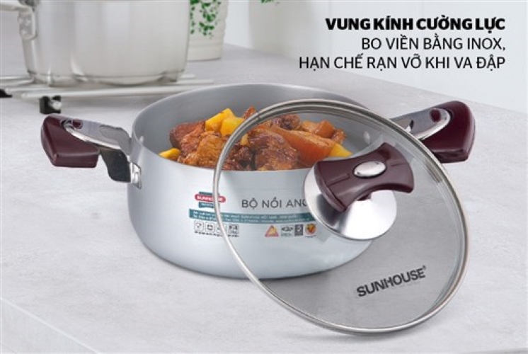 Bộ 3 Nồi Anod Vung Kính Sunhouse SH8833EB Trắng Bạc
