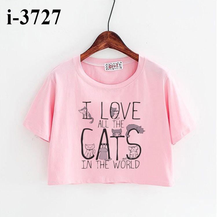 M3727 Áo Thun Nữ Croptop In I LOVE CATS