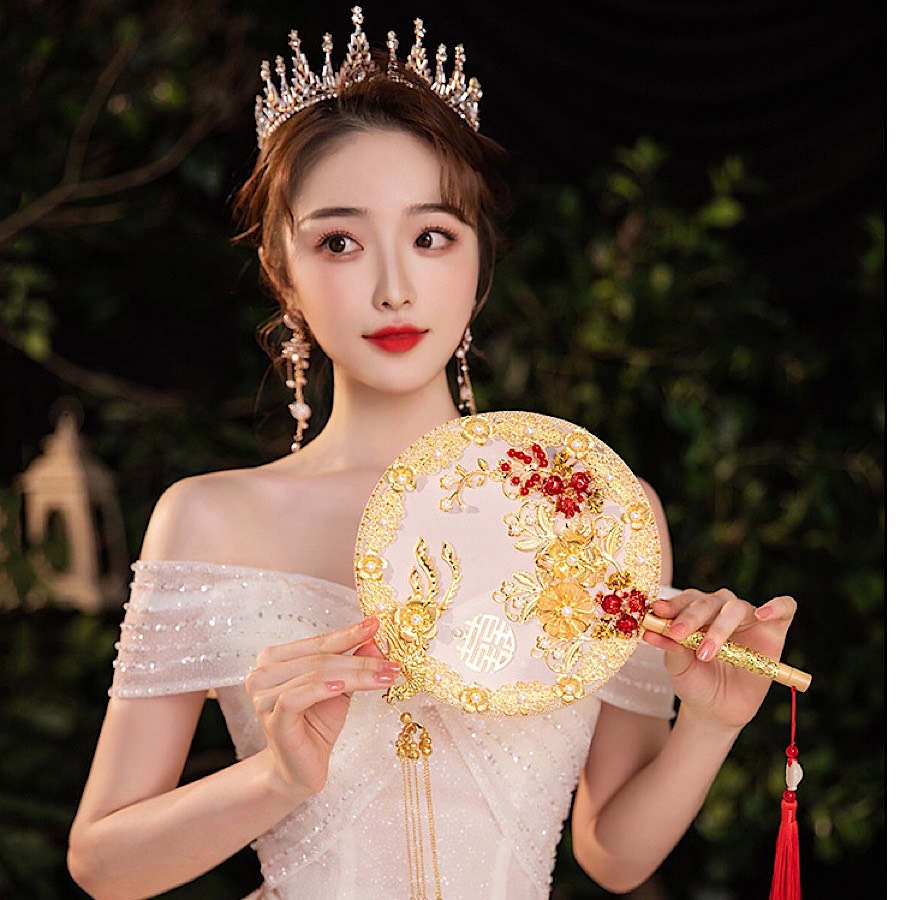 QUẠT HỈ - QUẠT CƯỚI CẦM TAY CÔ DÂU KIM NGỌC MÃN ĐƯỜNG CỔ TRANG KÈM GIÁ ĐỠ VÀ HỘP QUÀ