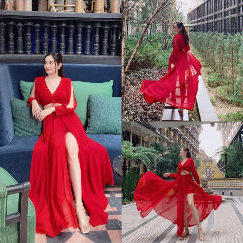 Đẫm maxi đỏ tay dài xẻ tà cut eo boho du lịch chụp ảnh siêu hot