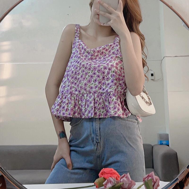 ÁO HOA HAI DÂY PHONG CÁCH HÀN QUỐC - ÁO BABYDOLL HOA HAI DÂY- MEOW TOP - MÈO IN DA HOUSE