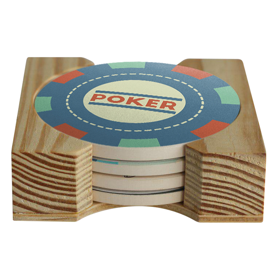 Bộ 4 Lót Ly Tròn + Dock Gỗ Mika - Poker Chips