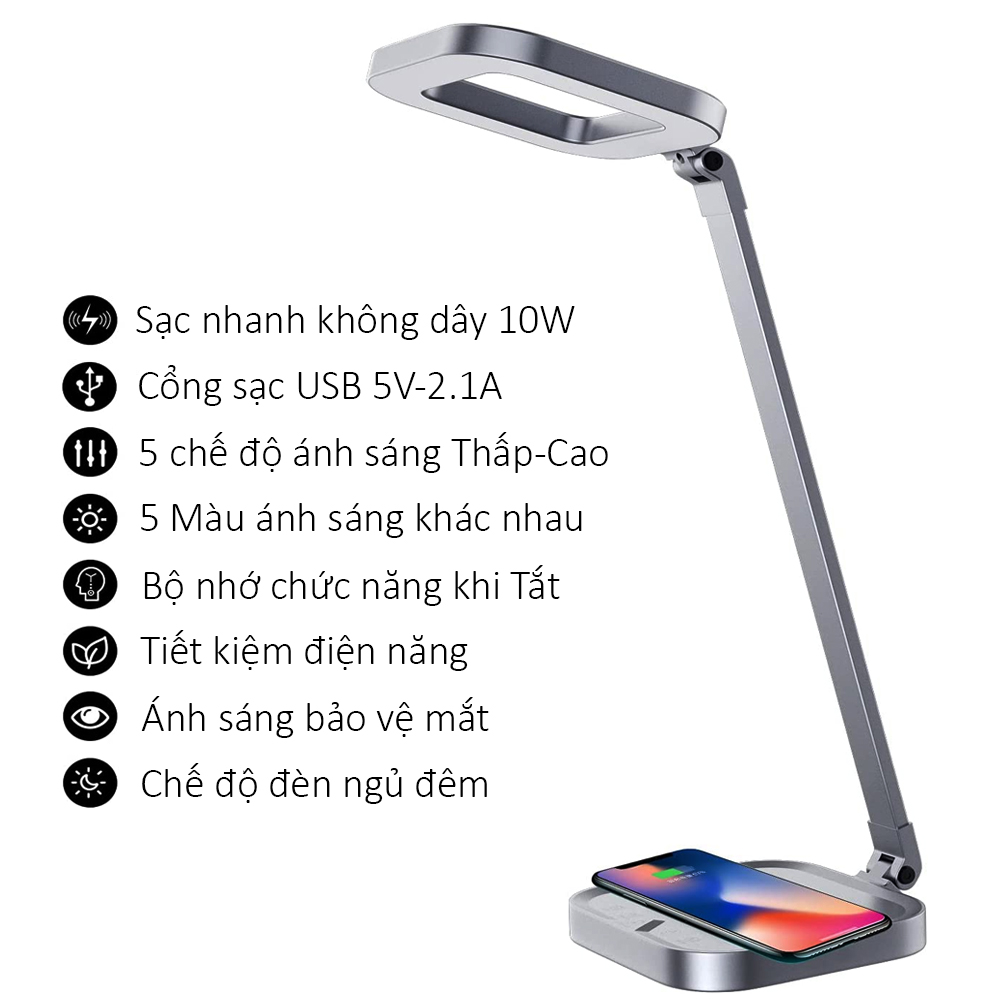 Đèn đọc sách, Đèn học va làm việc để bàn LED 7W, 5 chế độ ánh sáng, Tích hợp đế sạc không dây Qi 10W, Cổng sạc USB 5V-2.1A, Thân đèn Kim loại cao cấp