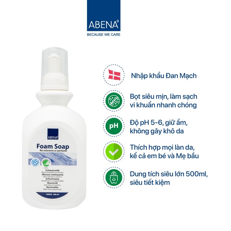 Bọt rửa tay Abena Foam Soap Abena Foam Soap - Nhập khẩu Đan Mạch giúp làm mềm da và diệt khuẩn hiệu quả (Chai 500ml)