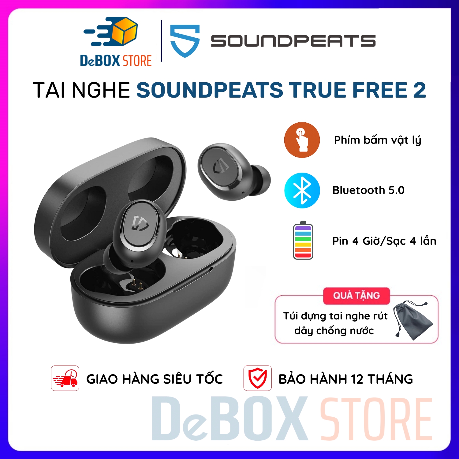 Tai nghe True Wireless SoundPEATS TrueFree 2 thể thao, 4 đèn LED, Kháng nước IPX7, nút bấm vật lý - Hàng Chính Hãng