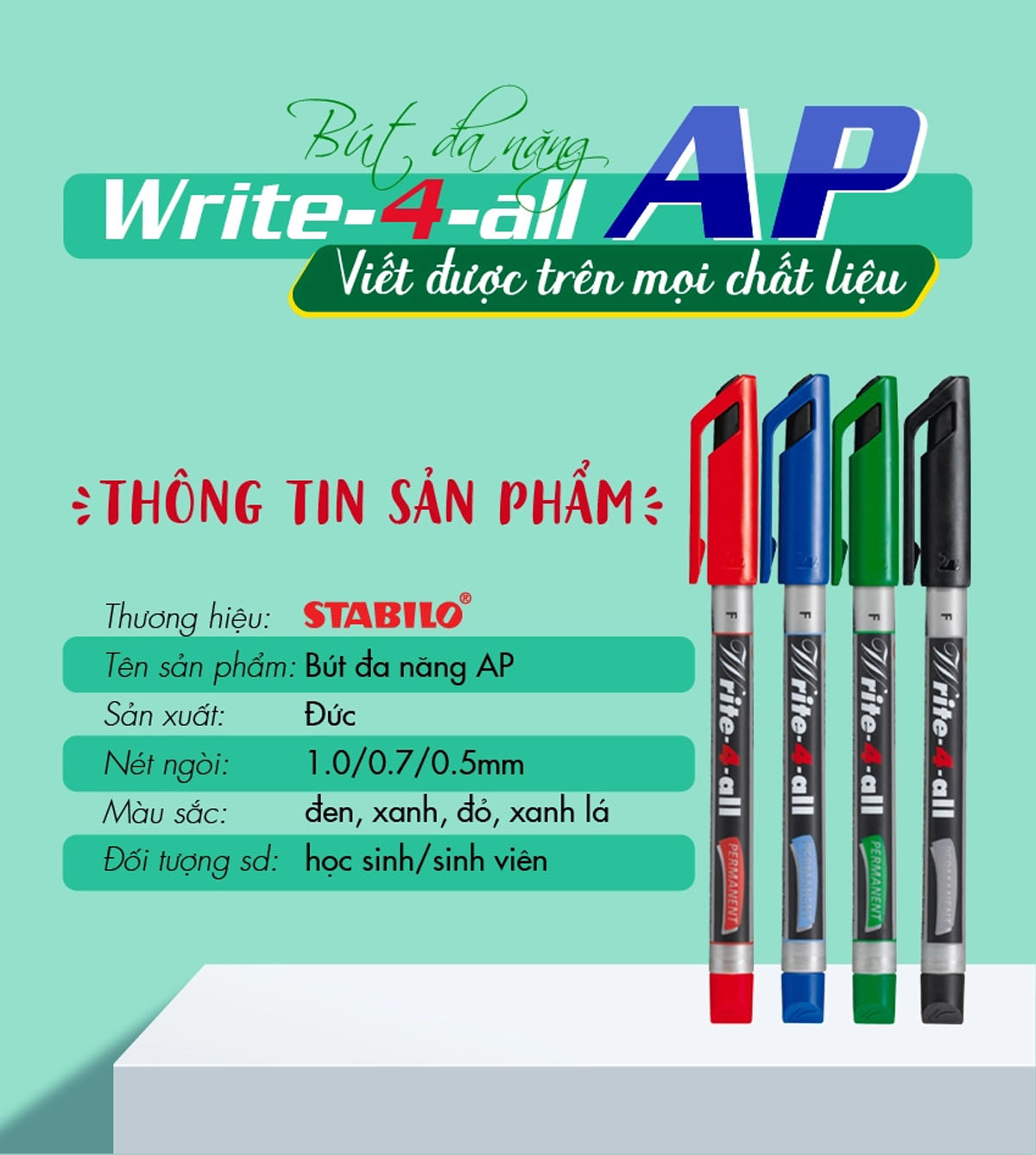 Bộ 4 Bút kỹ thuật STABILO Write-4-all PERMANENT xanh + đen + đỏ + xanh lá (AP-C4)