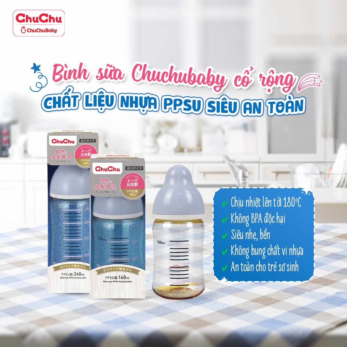 Bình sữa cổ rộng PPSU 240ML new với núm ty mềm Chuchu Baby