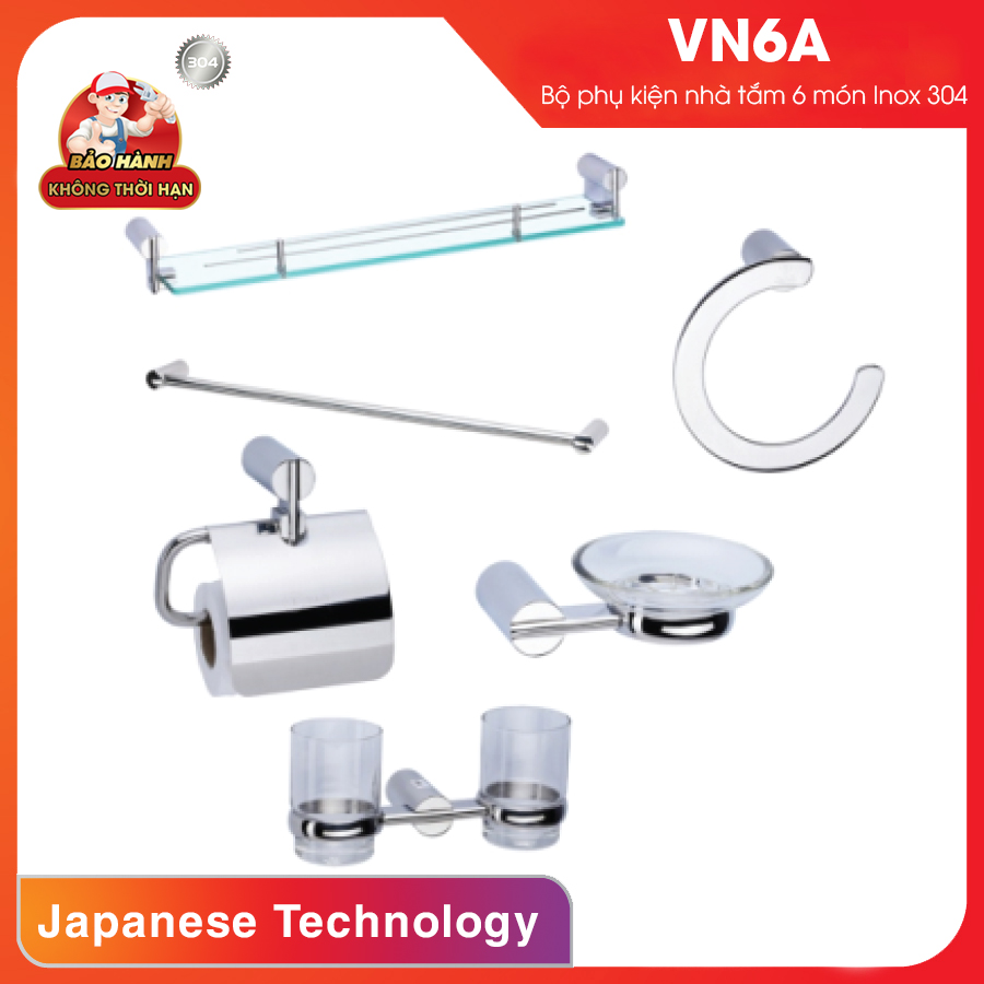 Combo phụ kiện nhà tắm 6 món Inox 304 cao cấp - Đầy đủ phụ kiện đi kèm, dễ dàng lắp đặt VN6A