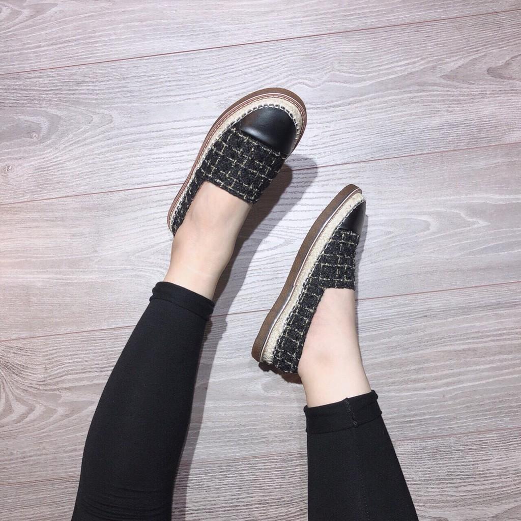 Giày slip on kẻ ô vuông chất xù đế viền cói mép nâu - 2P