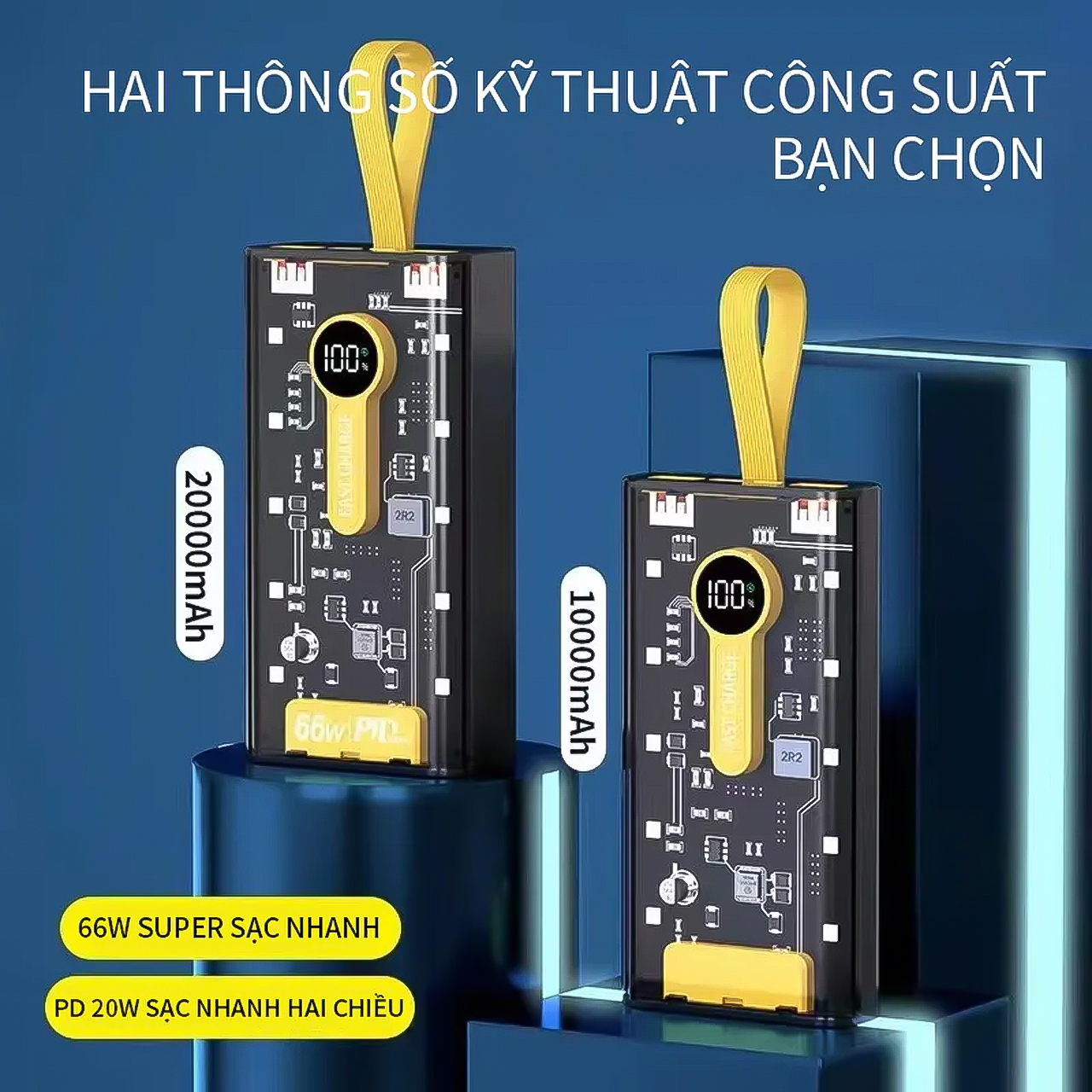 Sạc Dự Phòng Trong Suốt 66W 20000mAh Vinetteam Hỗ Trợ PD Sạc Nhanh, Cáp Đi Kèm, Màn Hình LED - hàng chính hãng