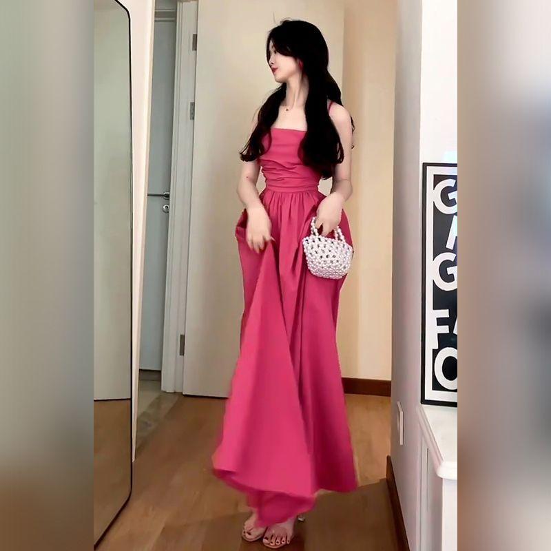CHENGRUI Tea Break French Rose Sling Dress Trẻ em mùa hè 2023 Thắt lưng lộ ra váy dài nghỉ mát bên bờ biển gầy