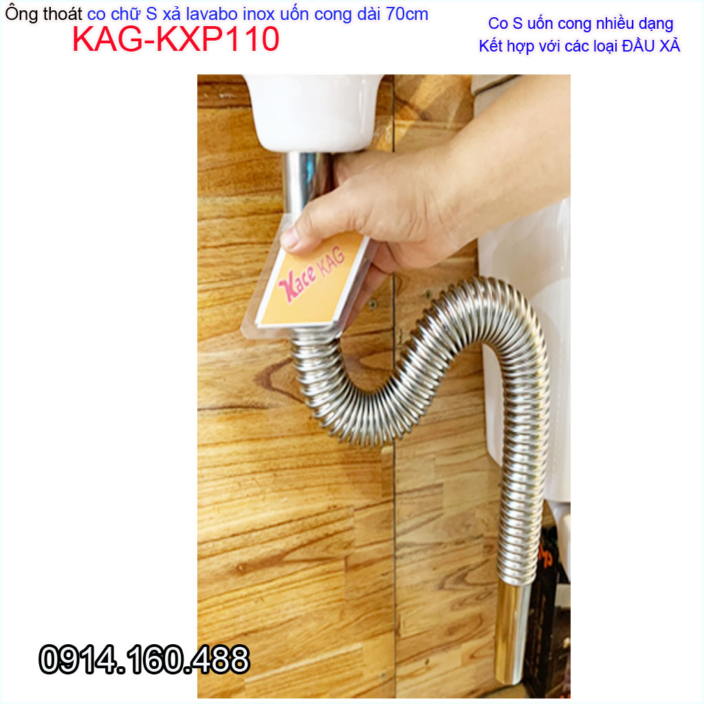 Co S xả lavabo dài 70cm KAG-KXP110, ống thải co P inox mềm thoát nước nhanh chống hôi tốt