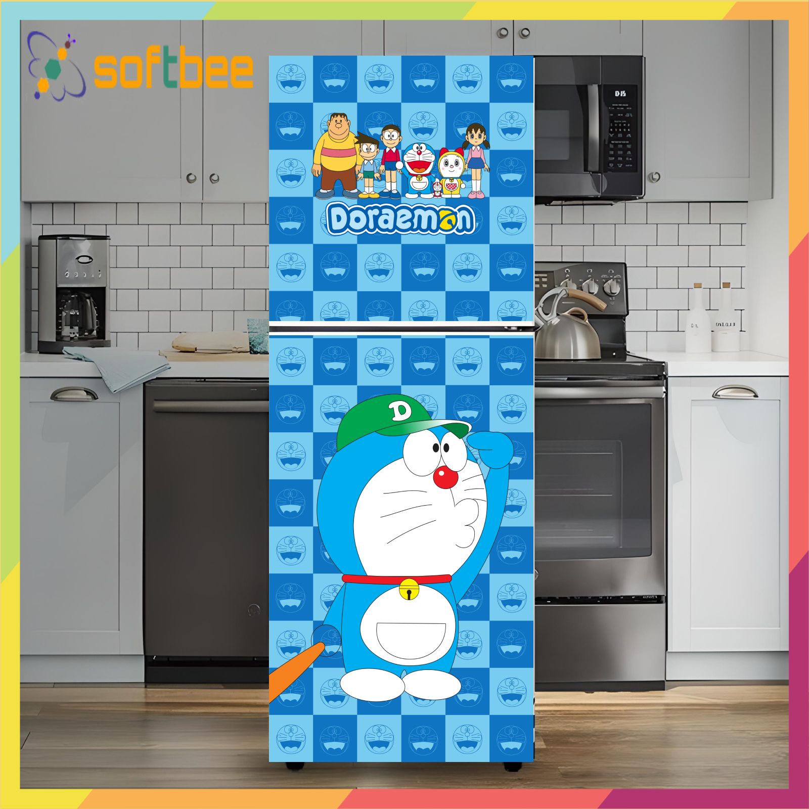 Decal dán tủ lạnh in hình doremon, gồm 4 kích thước chọn lựa, mẫu in hình sắc nét keo bám dính tốt