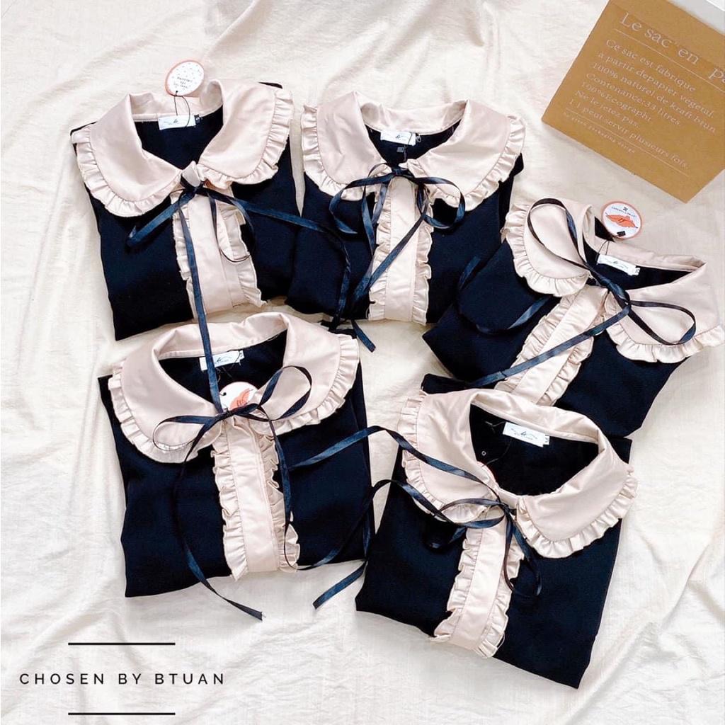 Áo sơ mi nữ cổ bèo phối nơ đen dài tay chất umi nhật thời trang Banamo Fashion 396