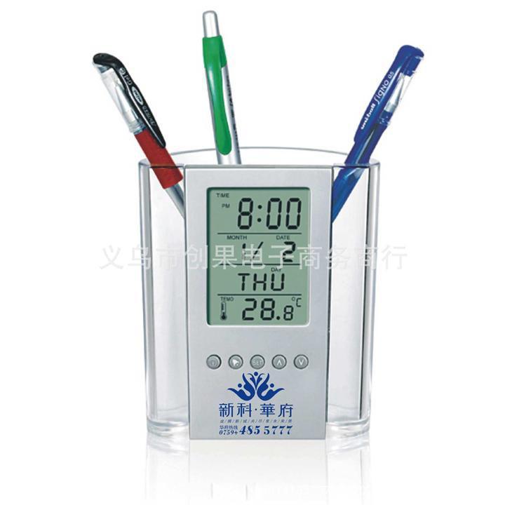 Khay đựng bút có đo nhiệt độ phòng, đồng hồ, lịch kỹ thuật số, để bàn đa chức năng - hộp trong suốt