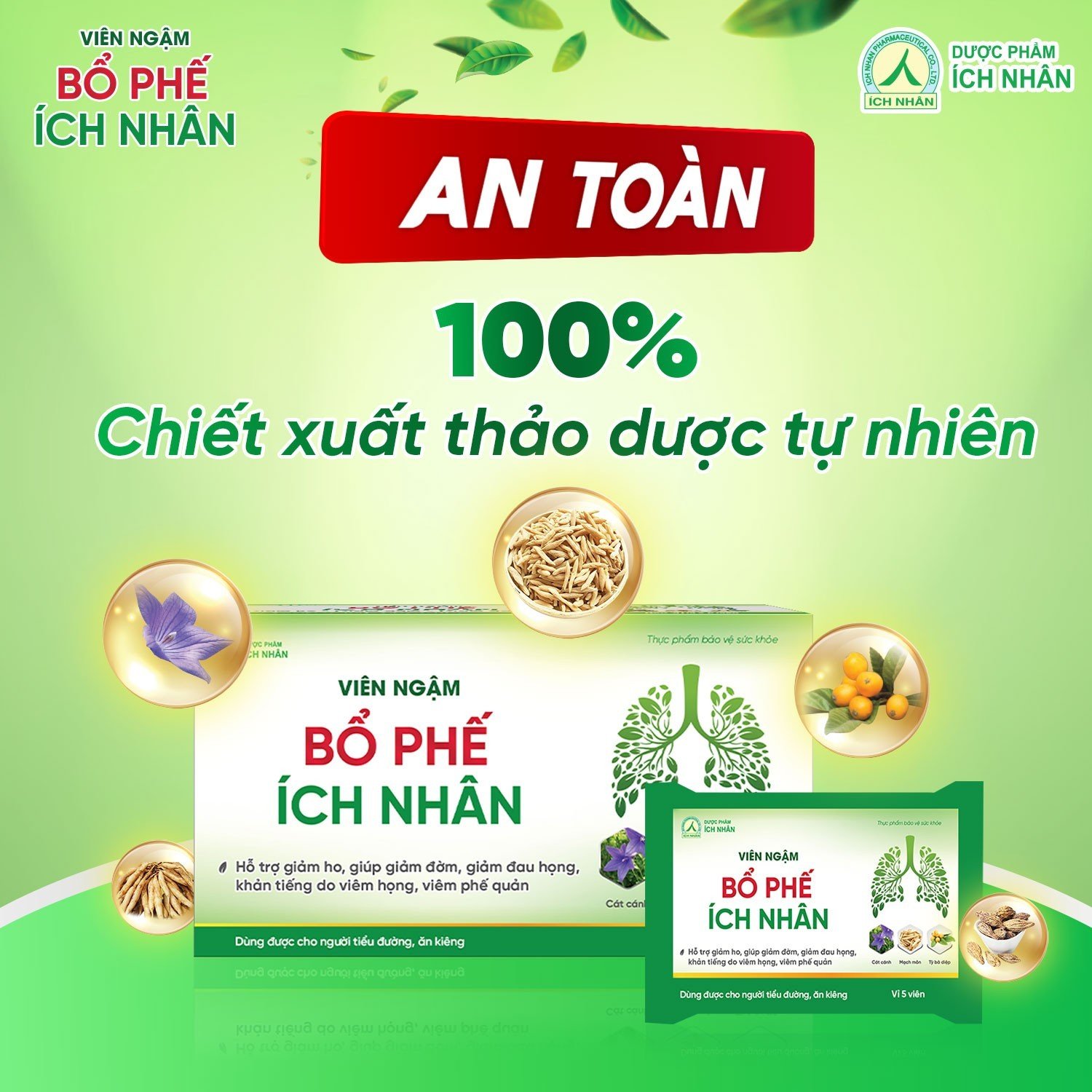 Viên Ngậm Bổ Phế Ích Nhân giảm ho, giảm đau họng, giảm khản tiếng được chiết xuất thảo dược (Hộp 100 viên)