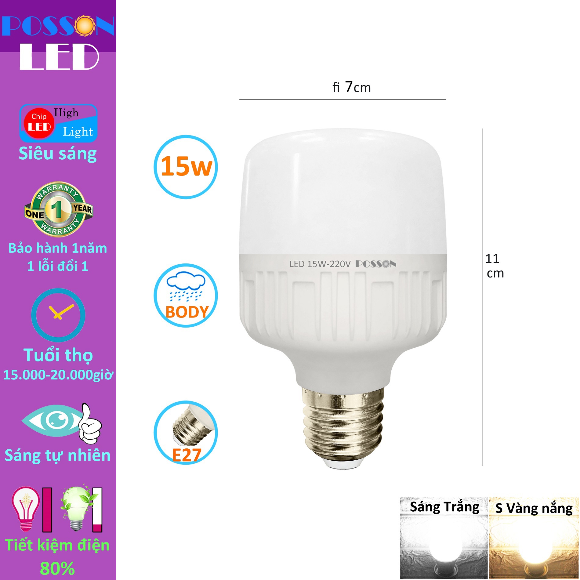 Sỉ 50 Bóng đèn Led trụ 15w bup trụ T70 tiết kiệm điện siêu sáng thân kín chống nước mưa Posson LC-15x