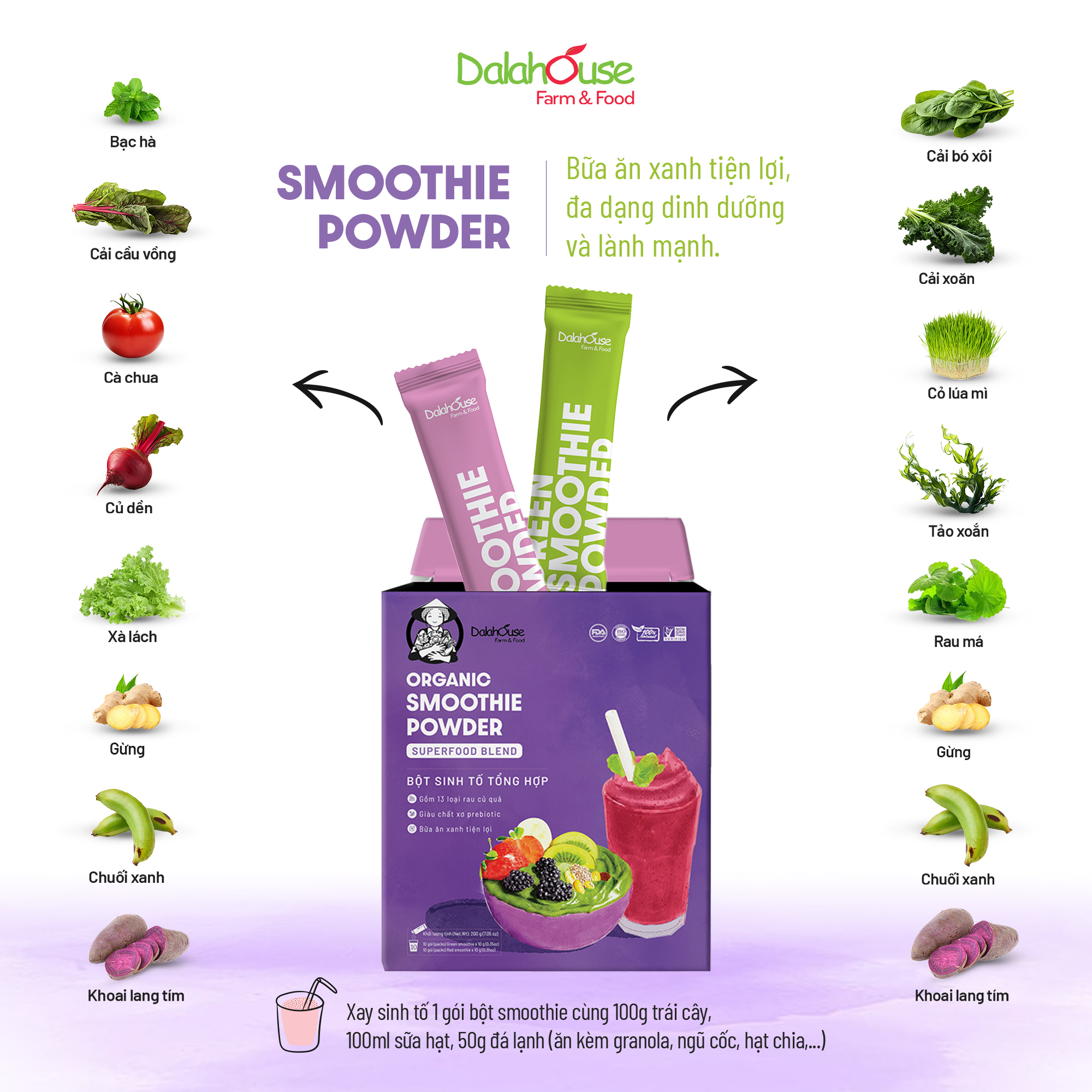 Bột sinh tố tổng hợp Dalahouse/organic smoothie powder hộp 100gr (10 gói) - Bữa ăn xanh tiện lợi giàu chất sơ probiotic