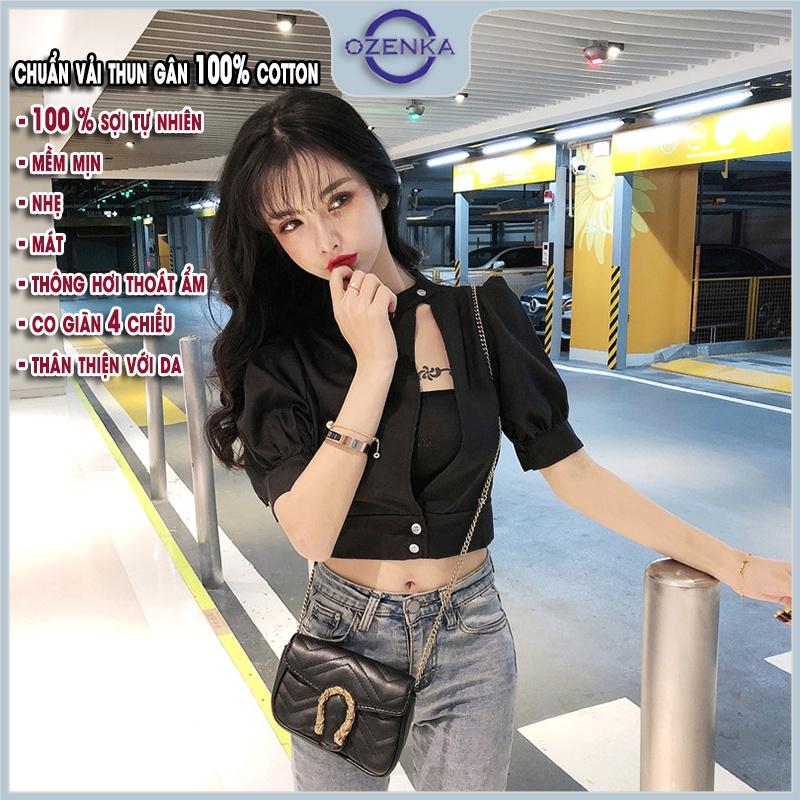 Áo croptop ôm nữ tay lỡ cổ cao cài khuy gợi cảm OZENKA , crt kiểu hàn quốc thun 100% cotton tự nhiên đen trắng dưới 55kg