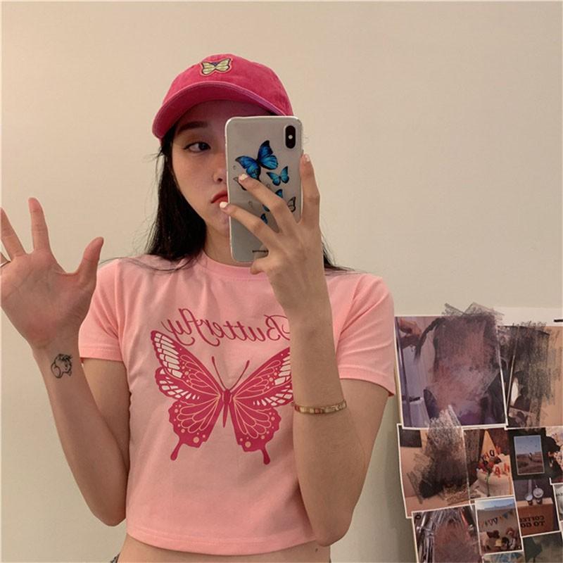 Áo thun ngắn tay cổ tròn in hình bướm xinh xắn cho nữ
