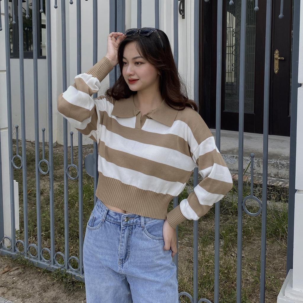 Áo len dài tay cổ polo kẻ ngang, dáng ngắn ulzzang - Made by Fiin (có video cận chất)