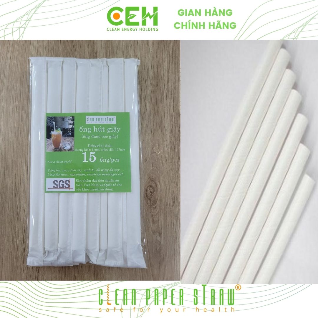 Túi 15 ống hút giấy có bọc 8x197mm màu trắng dành cho sinh tố, đá xay