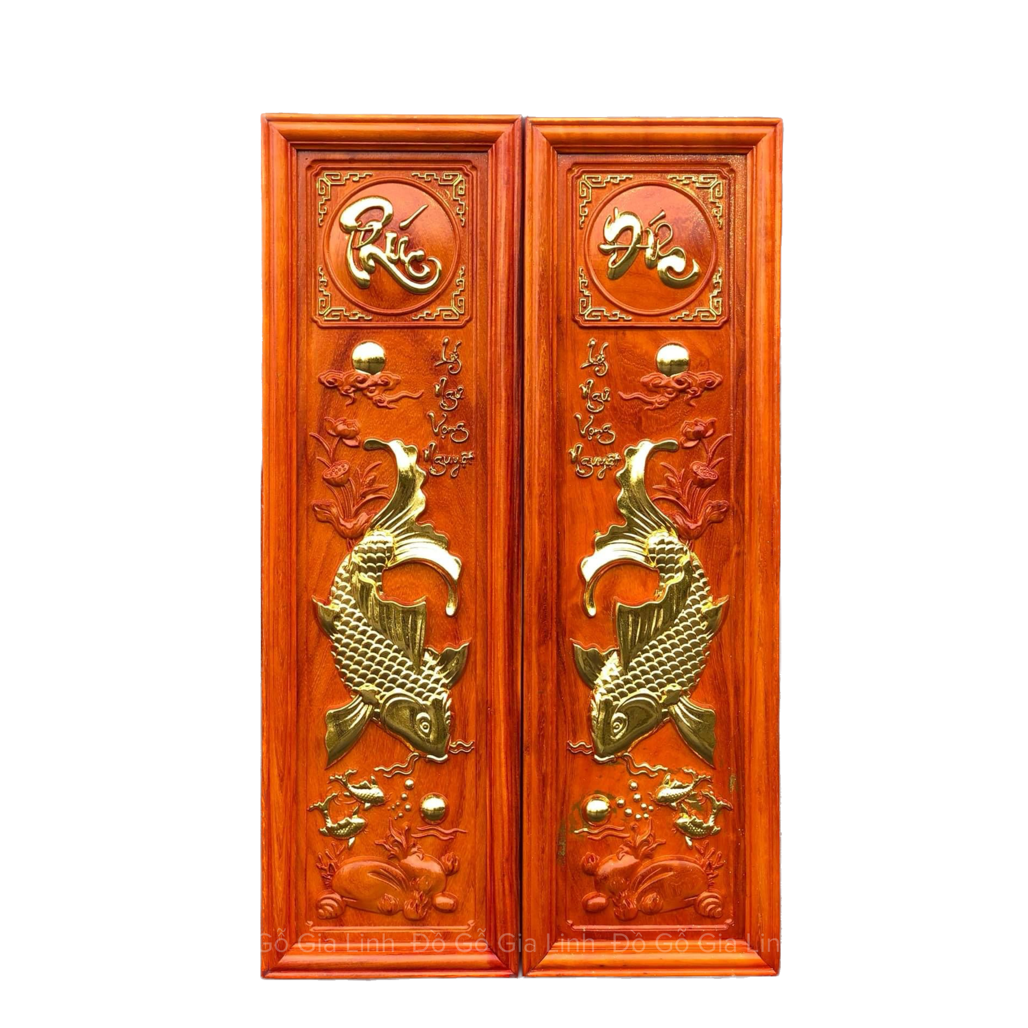 Bộ tranh Phúc Đức Cá Chép Đồ Gỗ Gia Linh gỗ Hương đỏ dát vàng