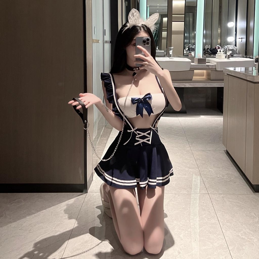 Váy ngủ cosplay học sinh xanh áo quây đính nơ gợi cảm C63.A88
