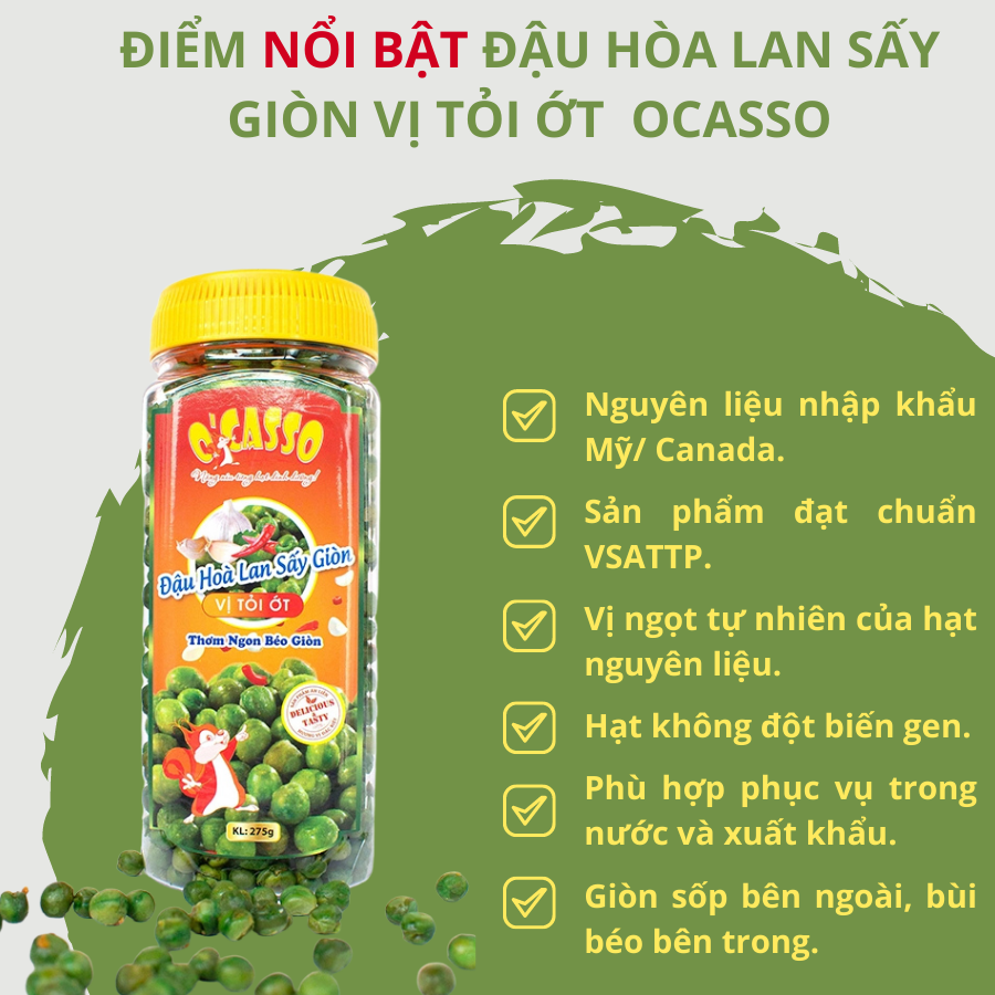 Đậu Hòa Lan Sấy Giòn Vị Tỏi Ớt O'Casso Hộp 275g