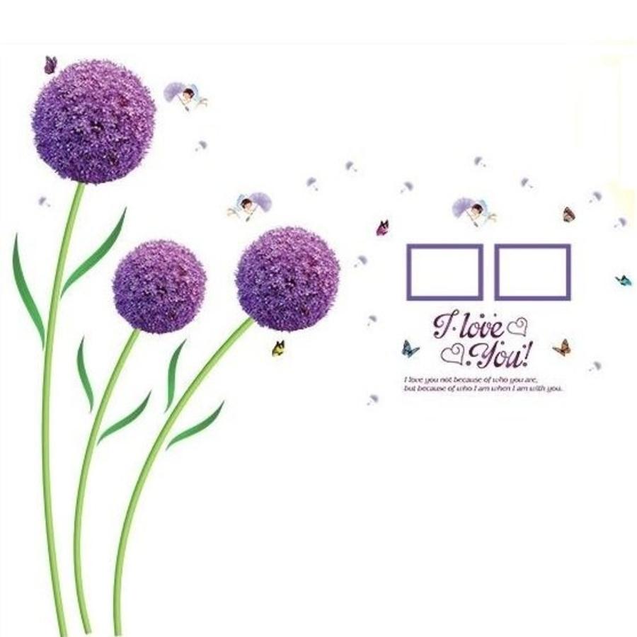 DECAL DÁN TƯỜNG TÚ CẦU TÍM VÀ CHÂN TƯỜNG CỎ XANH
