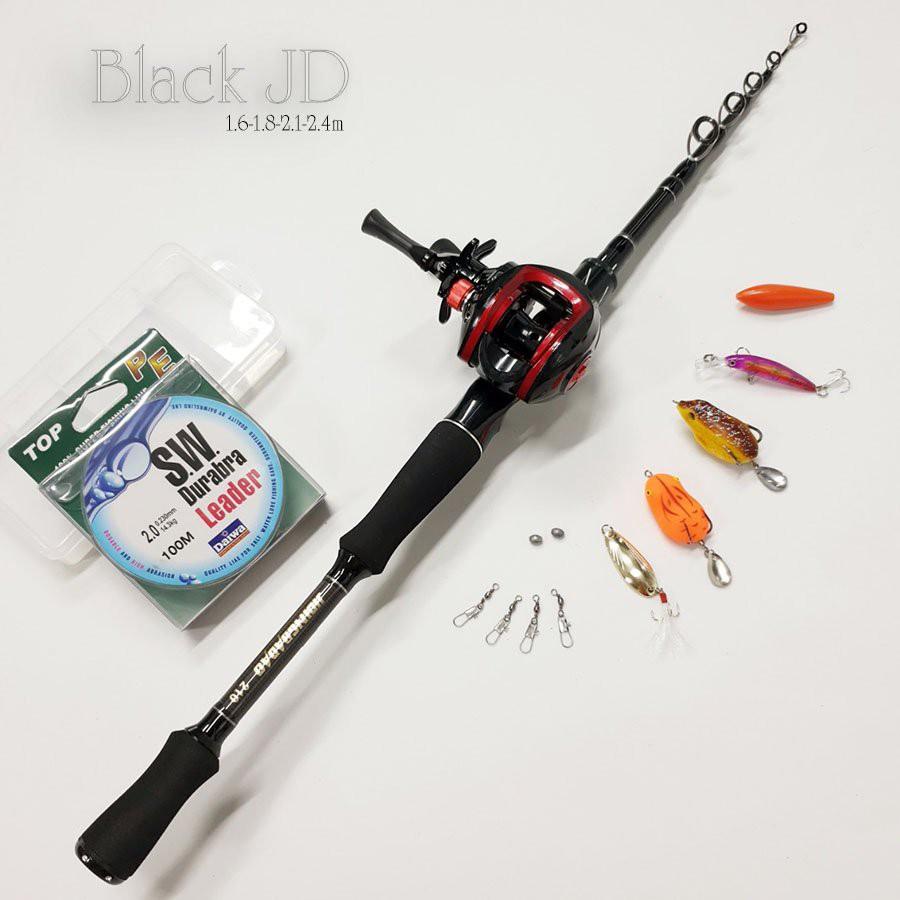 Bộ cần câu lure máy ngang rút gọn 60cm chất liệu carbon độ dài 1m6 - 1m8 - 2m1 - 2m4 kèm máy ngang và hộp mồi lure BCM