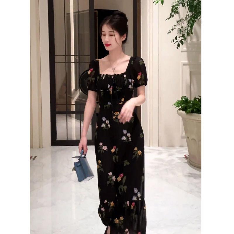 DONGSHOP Pháp Vintage vuông cổ in tay áo ngắn đuôi cá đầm nữ tính siêu tiên váy dài màu đen hoa chiffon đầm