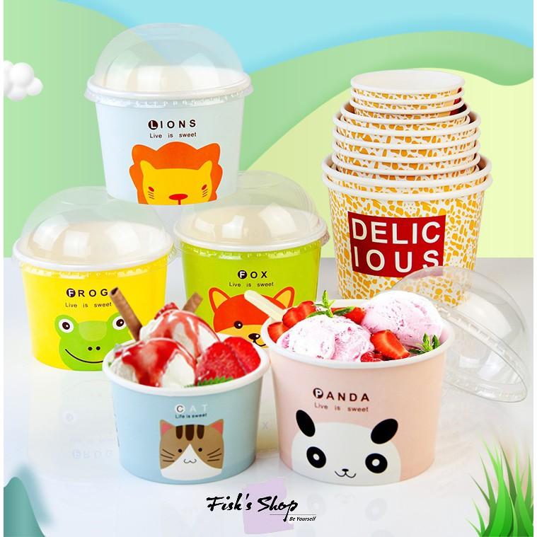 50 cốc giấy 130-200-300ml có nắp đựng kem, sữa chua, bánh, chè có nắp - Paper cup Hộp giấy cute