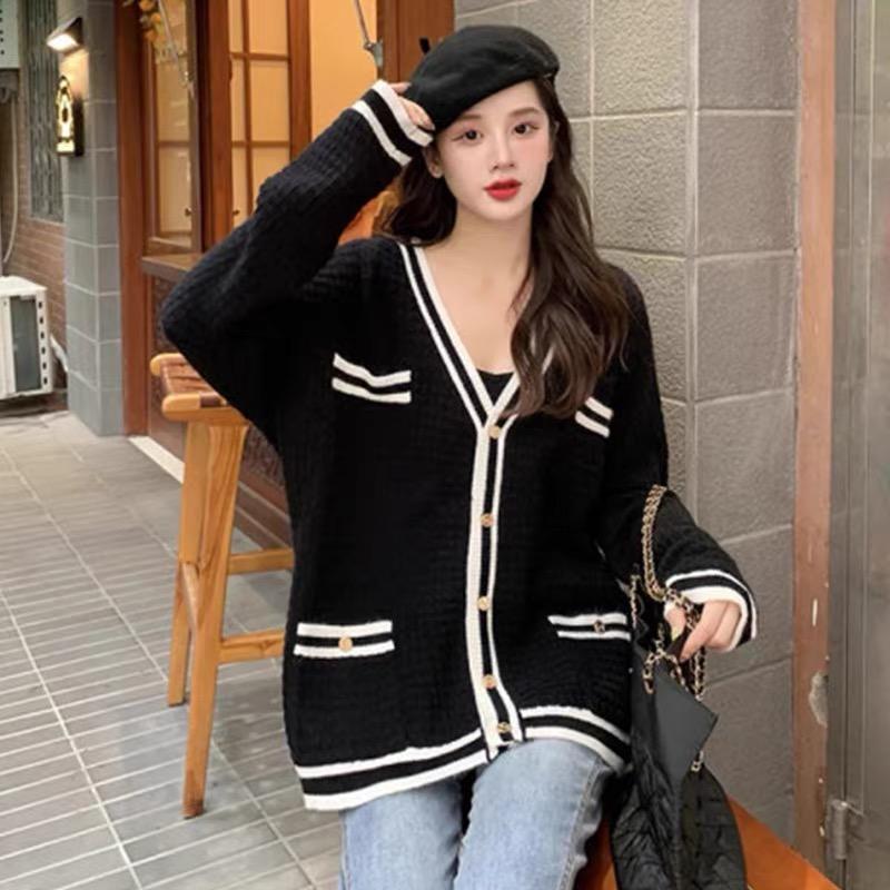 MS827 Áo khoác cardigan len nữ viền màu cổ tim giả túi