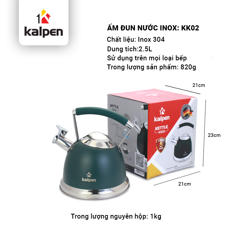 Ấm đun nước inox cao cấp Kalpen KK02-2.5L, Hàng Chính Hãng