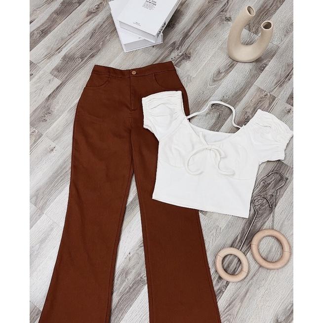 SET ÁO CROPTOP TRẮNG + QUẦN SUÔNG NÂU