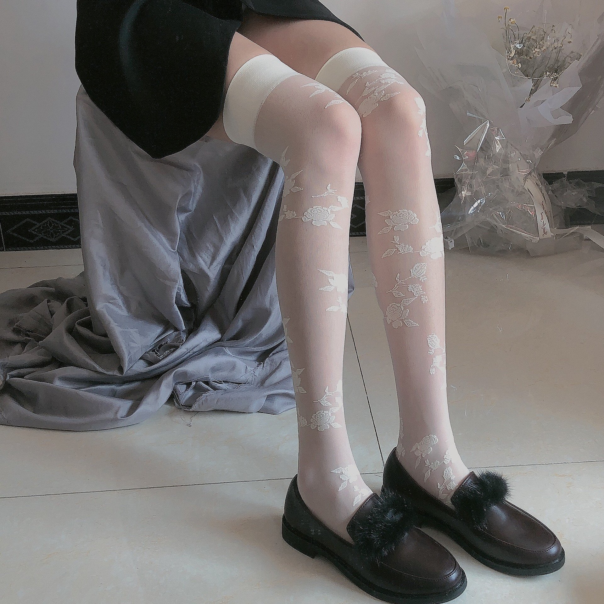 Tất, vớ bắp chân, tất đùi mỏng thêu hoa hồng phong cách Lolita Nhật Bản cosplay Gợi Cảm cho nữ