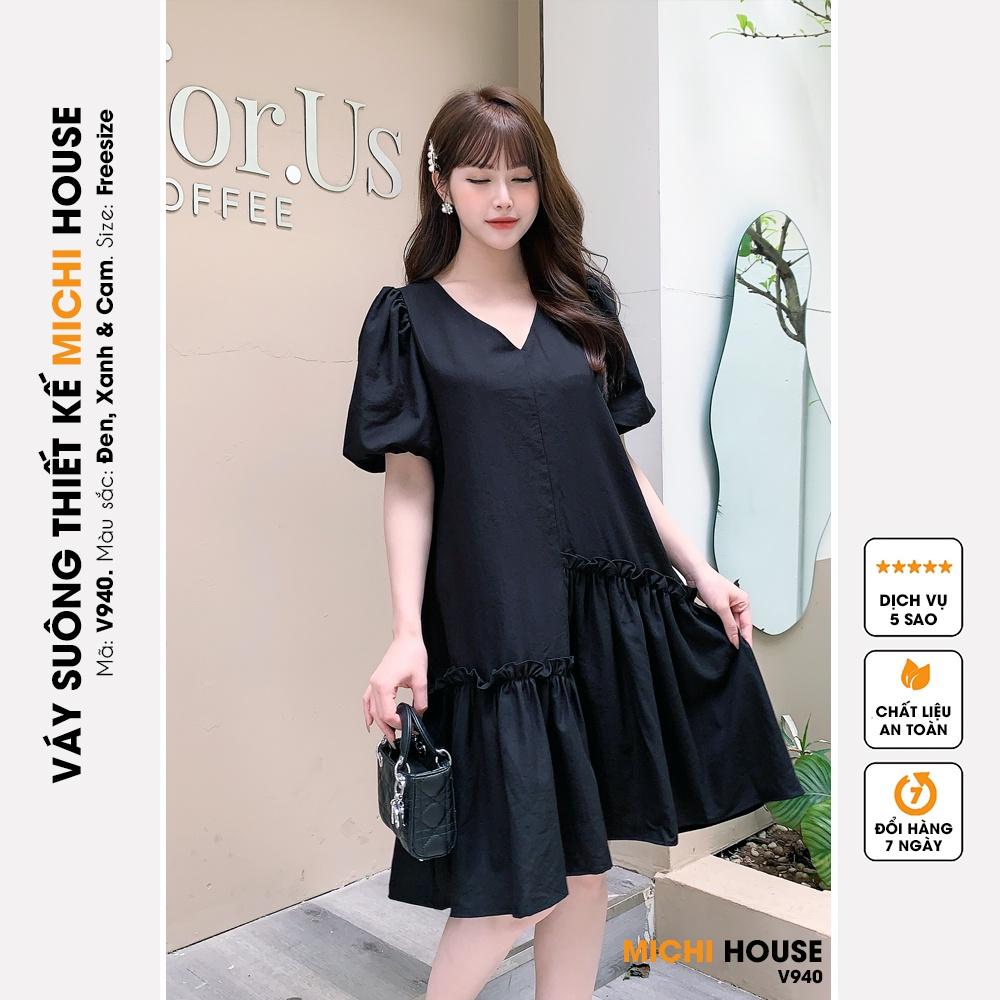 Đầm Suông Đũi V940 MICHI House Váy Xuông Thiết Kế Cổ V Tay Bồng Dáng Ngắn Mặc Bầu Xinh Freesize Bigsize